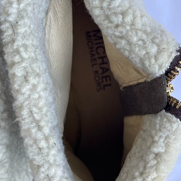 MICHAEL KORS booties Suede Fur Shearling cuff Wedge Bootie Gold MK Zipper 5 1/2 - Picture 11 of 12